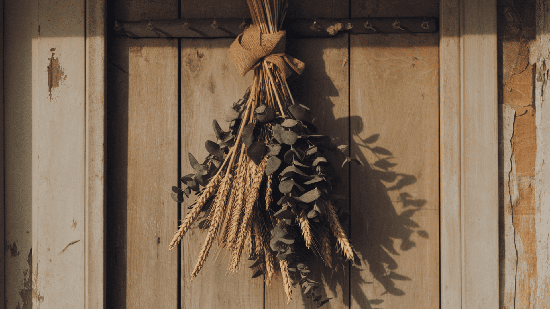 loose dried wheat and eucalyptus bundle tied with burlap hanging vertically on a farmhouse door