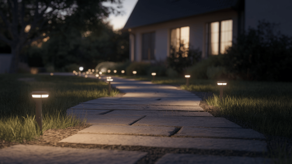 low path lights lining a walkway at night, adding safe footing and highlighting the yard’s layout with a warm glow.