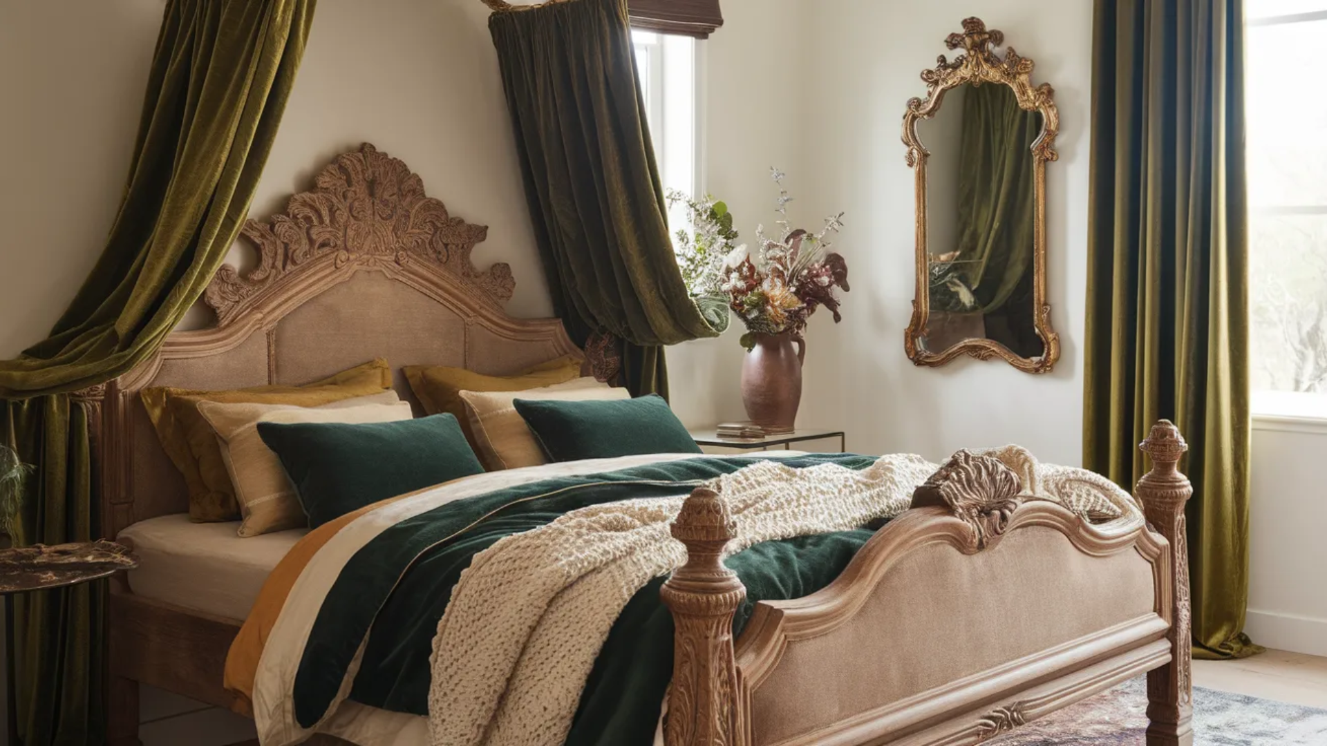 luxurious and cozy bedroom featuring rich velvet curtains and elegant wooden furniture.