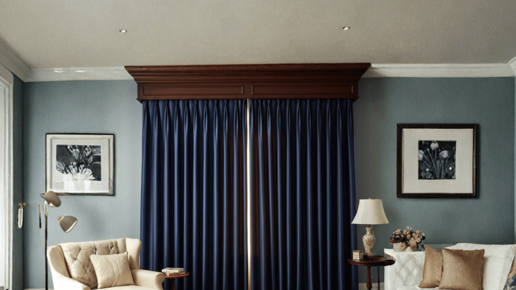 luxurious dark blue pleated curtains with a wooden cornice, covering a window, with a beige armchair and a lamp placed nearby in a cozy room (1)