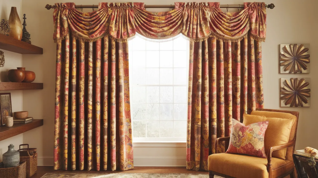 luxurious floral-patterned curtains with a matching valance, hanging from a dark curtain rod in front of a window, with a cozy armchair and decorative wall art nearby