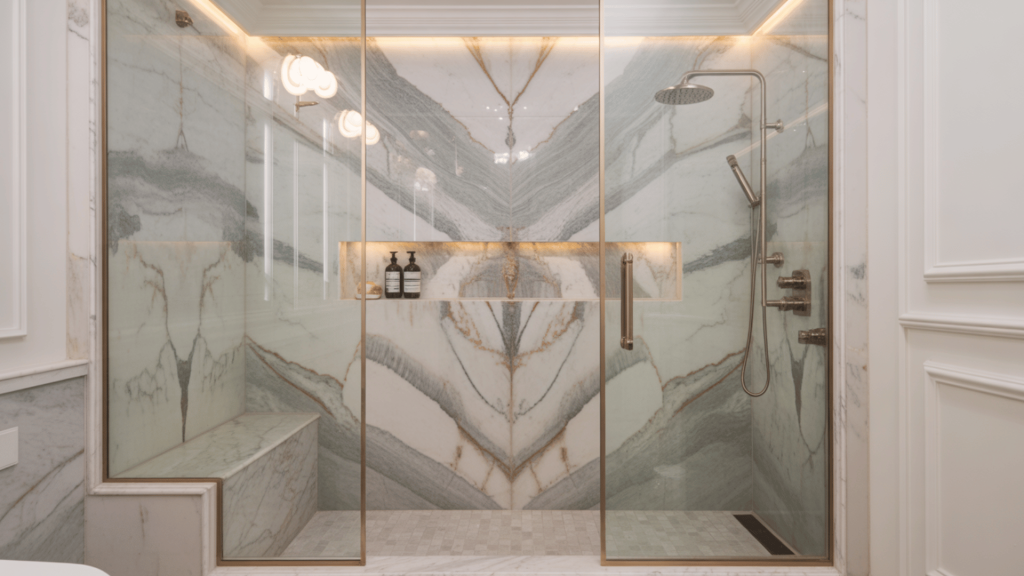 luxurious marble shower with gold accents and built-in seating, offering a modern spa experience.