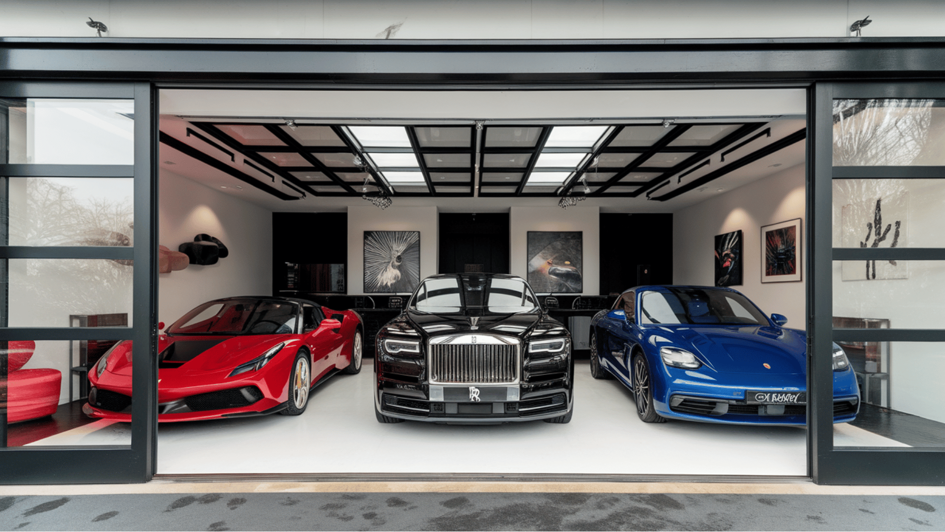 luxury garage with climate control and showroom lighting for car collections