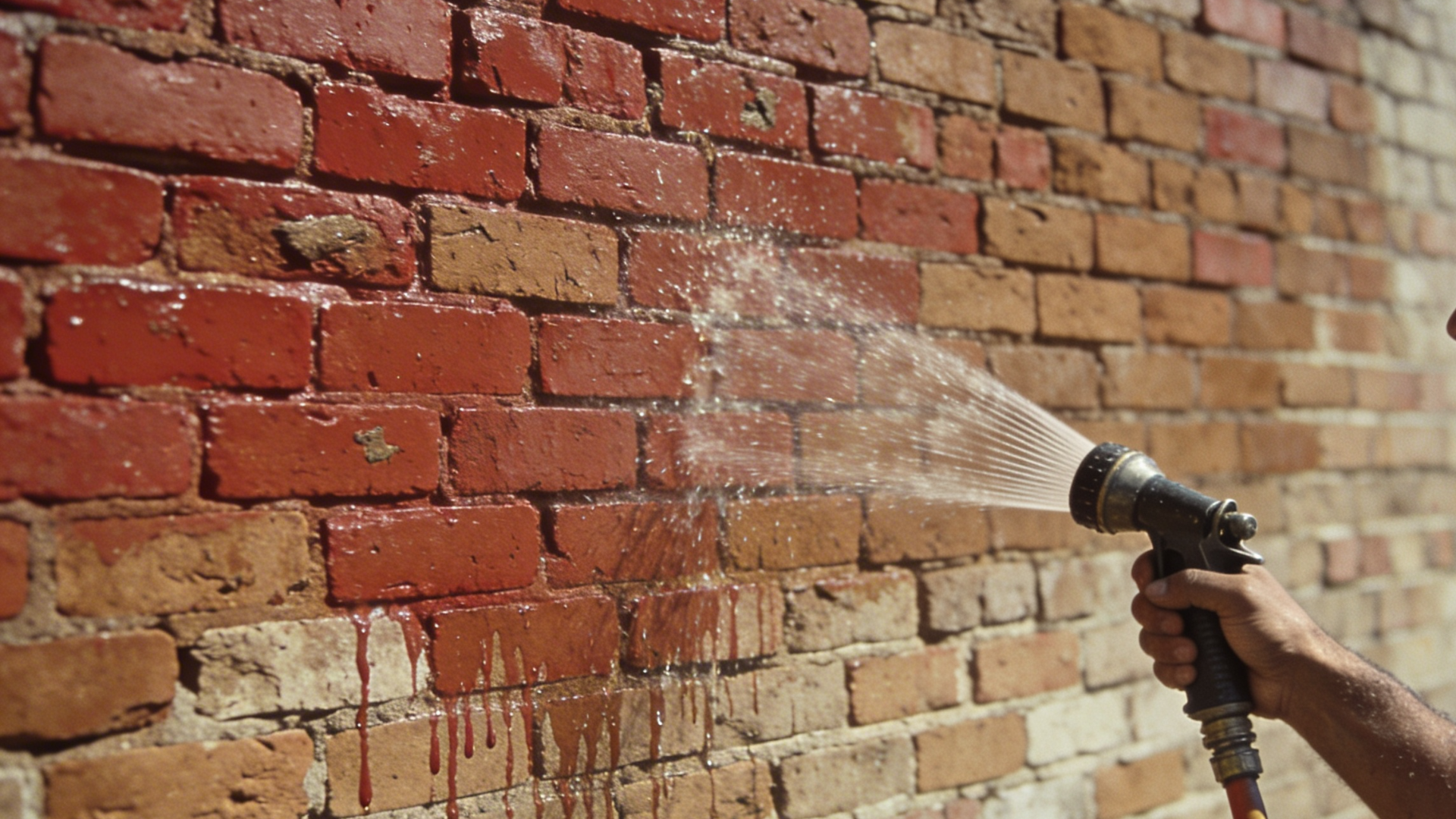 man dampening brick wall with garden hose before applying mix for limewash