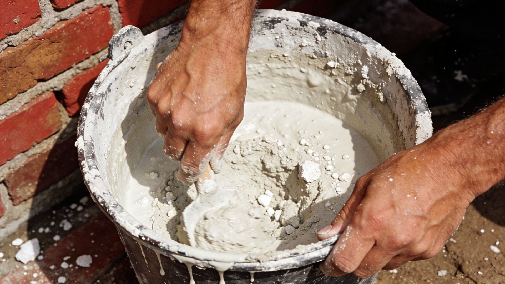 man mixing hydrated lime and water in bucket with drill paddle for limewash
