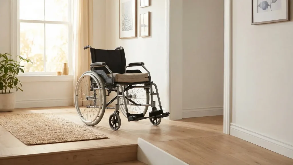 manual wheelchair in a bright accessible home hallway with soft natural light and minimal surroundings