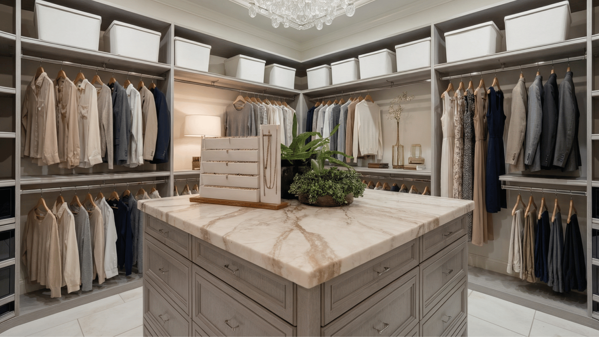 marble countertops on an island or vanity in the closet, offering a luxurious, high-end touch