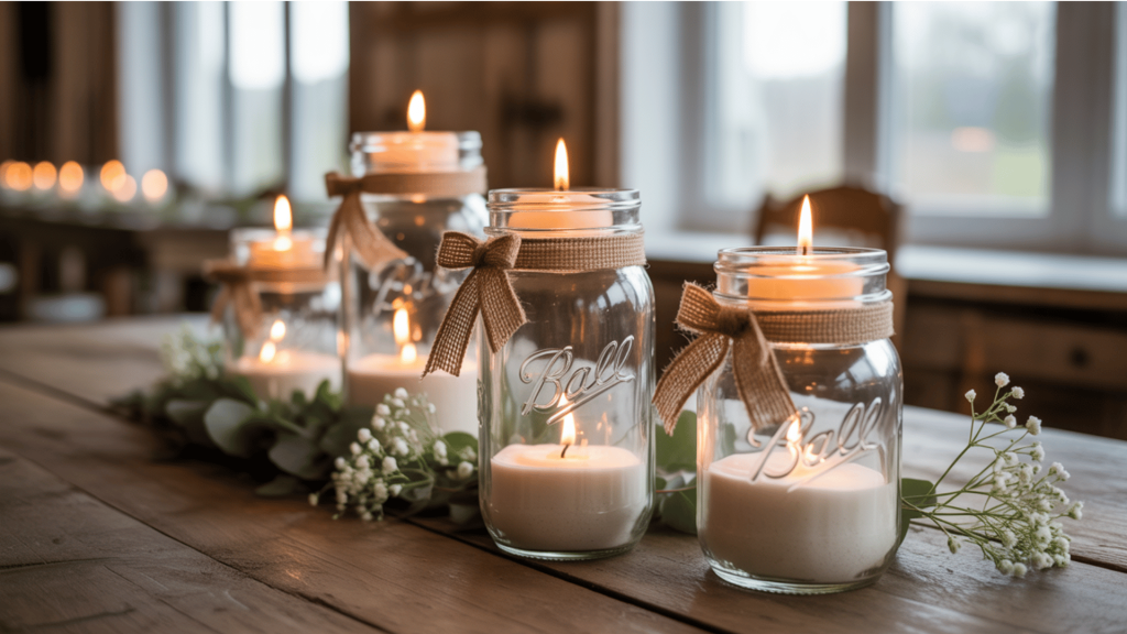 mason jar centerpieces with candles wrapped in burlap on a rustic wooden table surrounded by greenery and flowers.