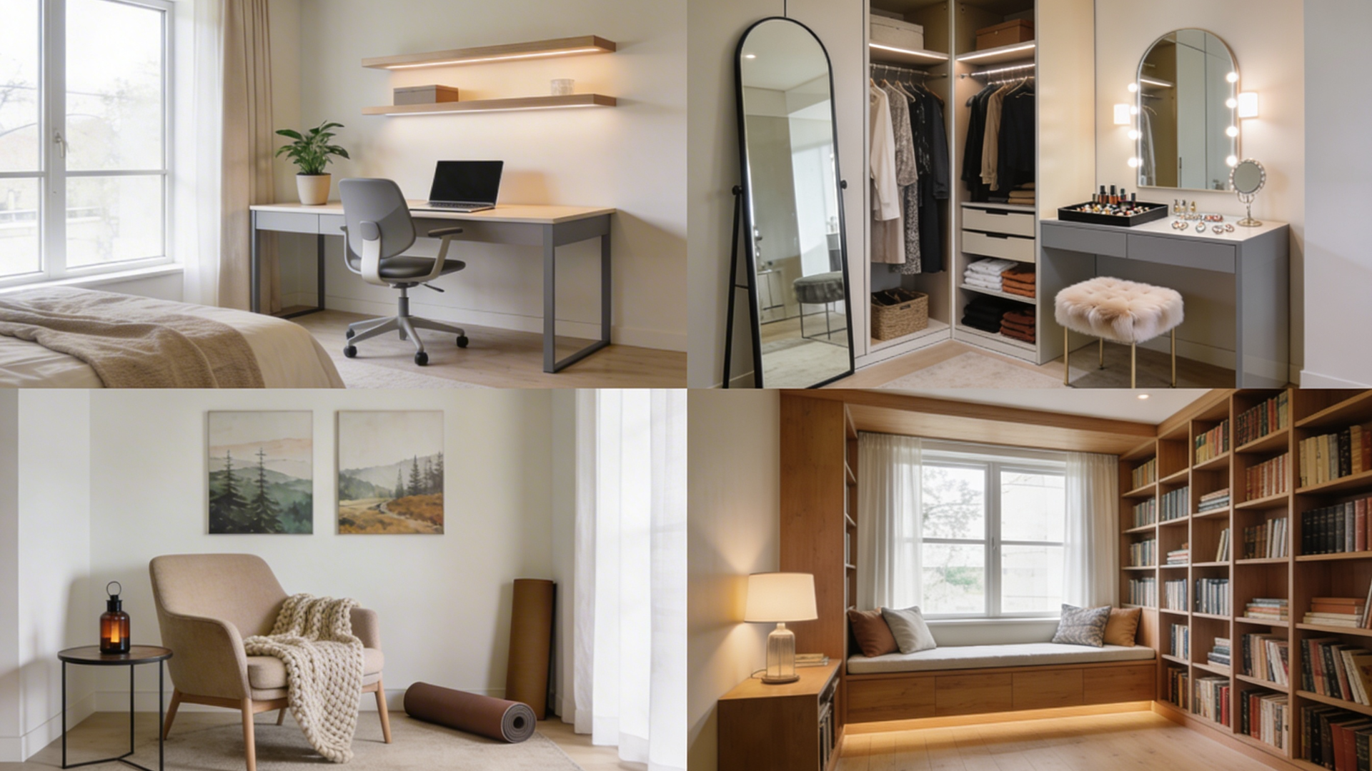 master bedroom with functional add ons including window bench seating, vanity station, workspace desk, and cozy reading corner