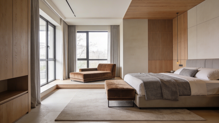 master bedroom with modern sitting area, chaise lounge by large windows, wood panel accents, and neutral contemporary decor