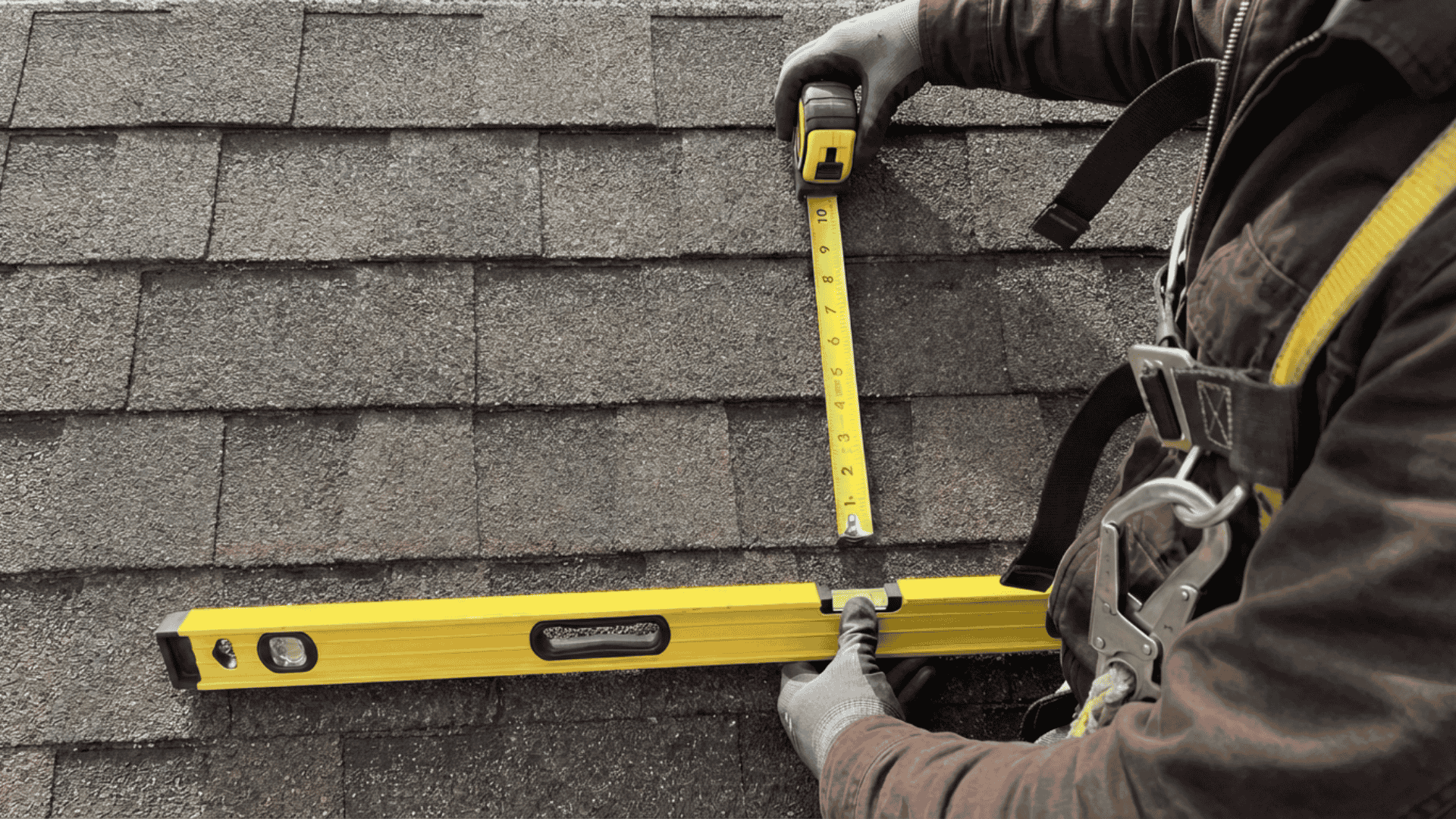 measuring roof pitch using a level and tape measure showing rise over a 12 inch horizontal run