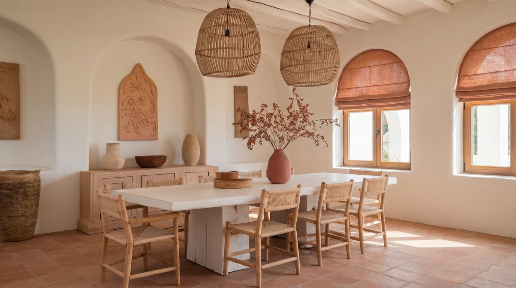 mediterranean transitional dining room with terracotta tiles