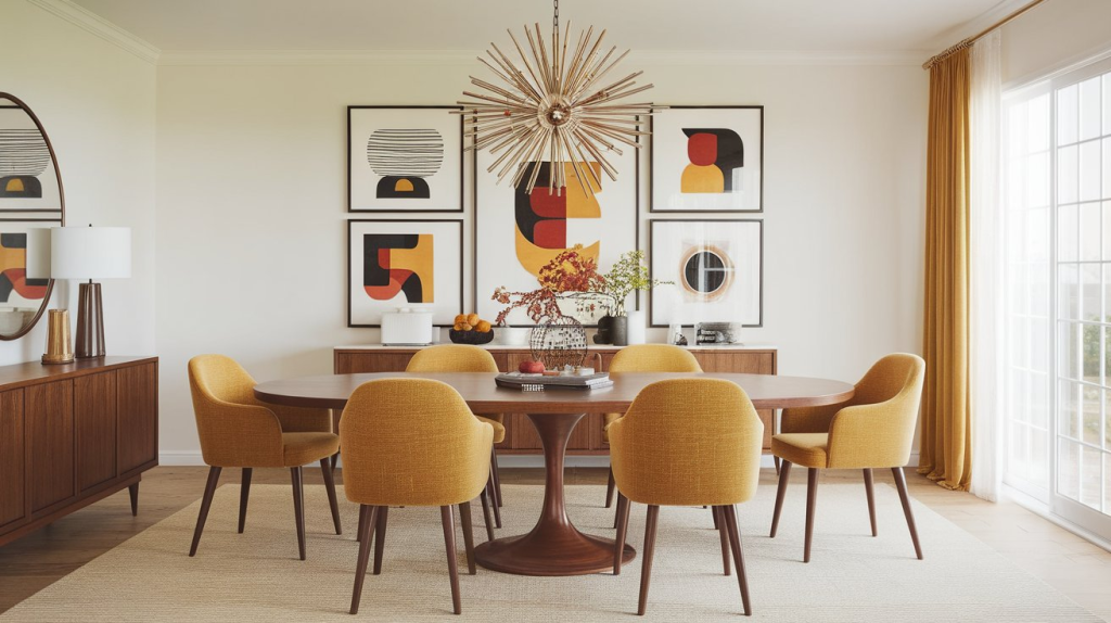 mid centurary modern transitional dining room with abstract paintings on the wall