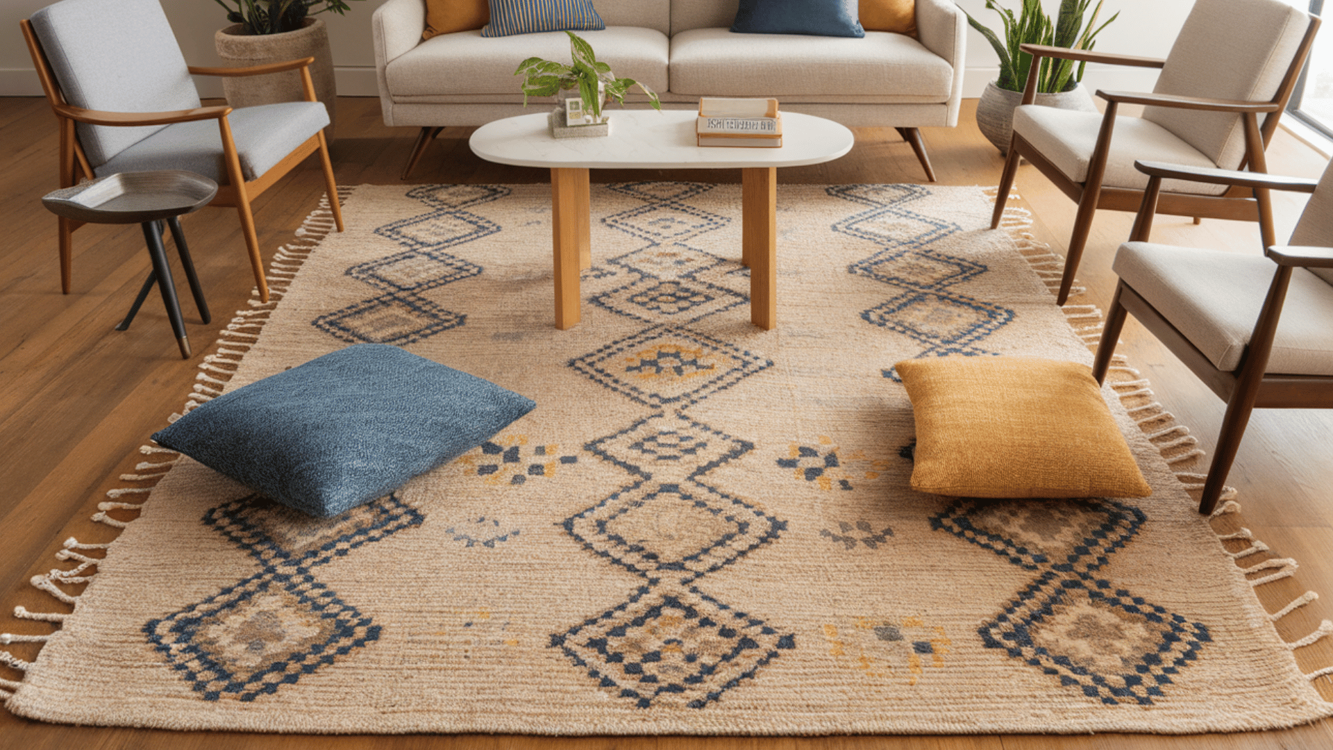 mid-size area rug centered in a modern apartment living room