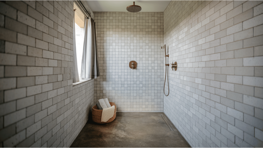 minimal walk-in shower with light gray square tiles, concrete floor, window light, and warm copper fixtures.
