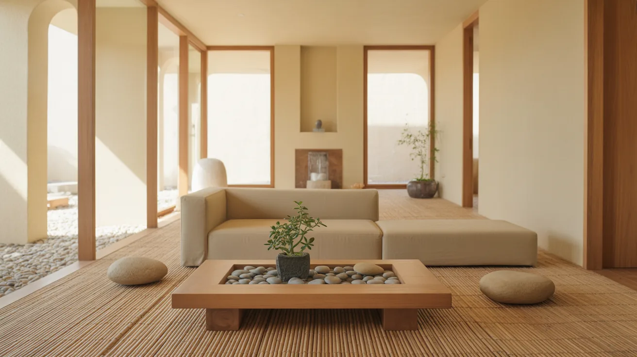 minimalist feng shui living room with low sofa, natural wood accents, indoor plant, and warm light