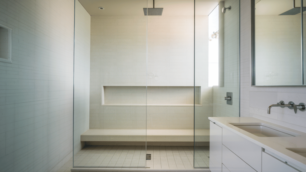 minimalist frameless glass shower with beige tiles, built-in bench, and modern design.
