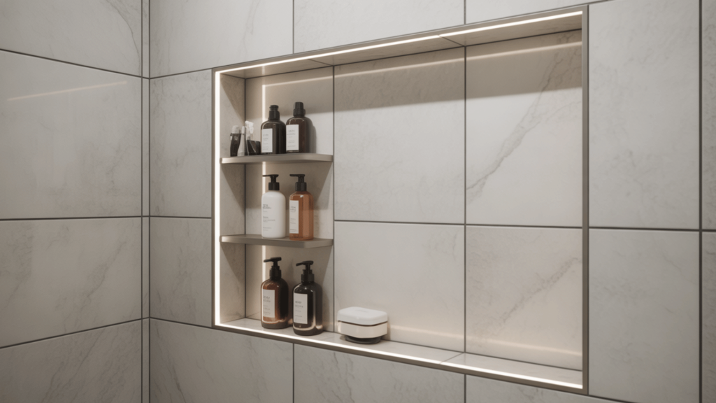 minimalist shower niche with warm lighting showcasing bottles.
