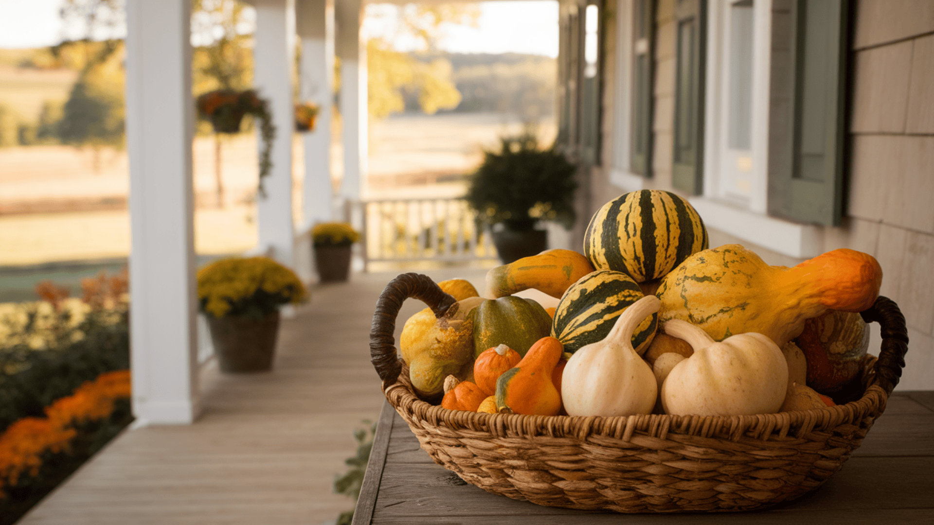 mixed heirloom gourds in a woven basket on a farmhouse porch adding fall texture