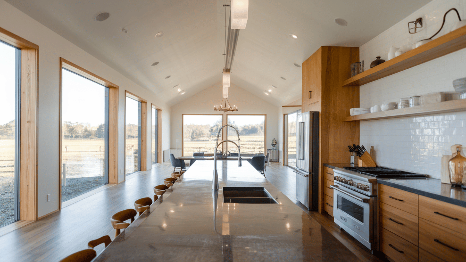 modern barn kitchen with polished stone counters, stainless steel appliances, and high-contrast colors.