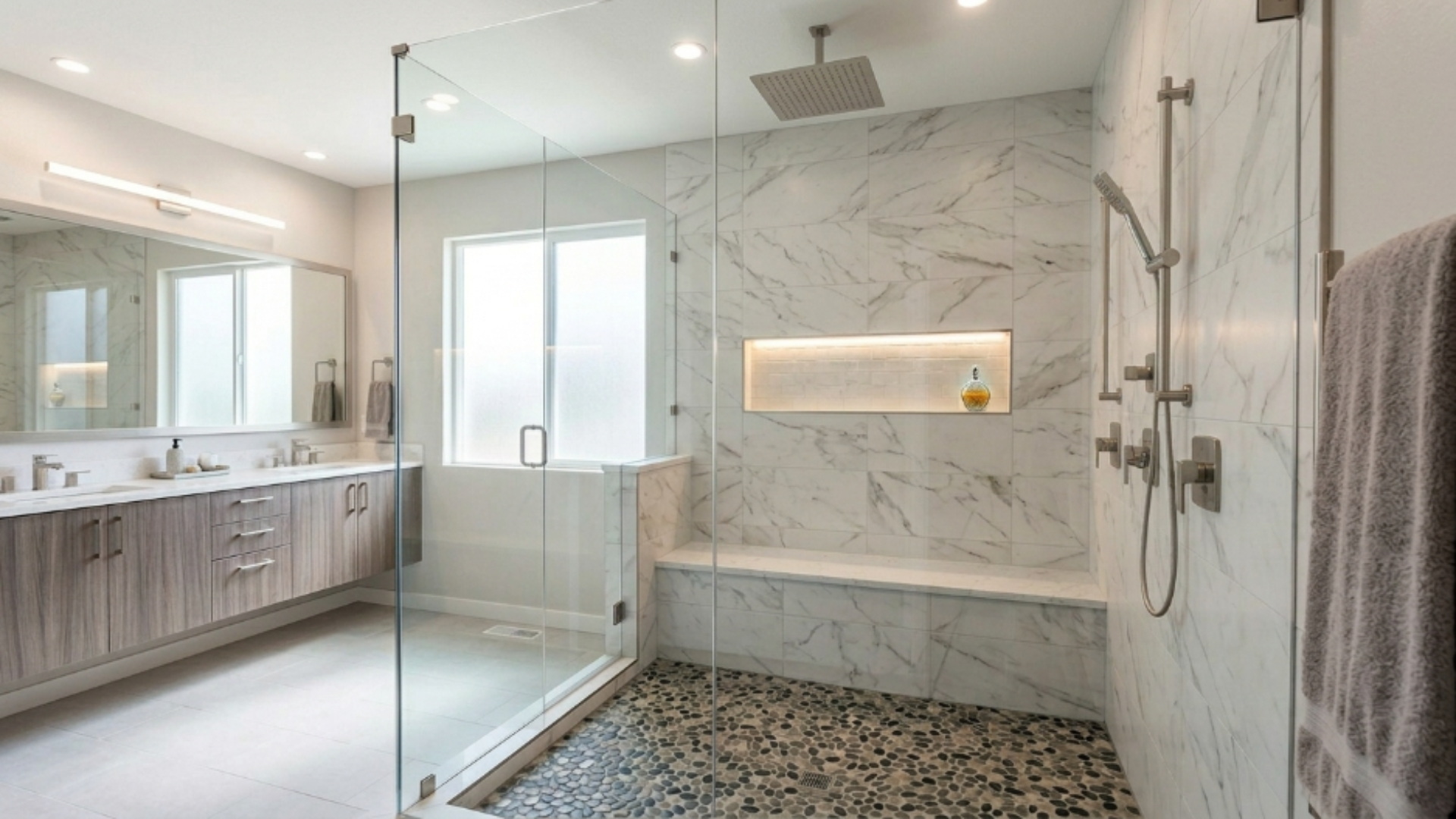 modern bathroom with glass shower enclosure marble tile walls pebble floor niche shelf rainfall showerhead and double vanity with mirror and sink