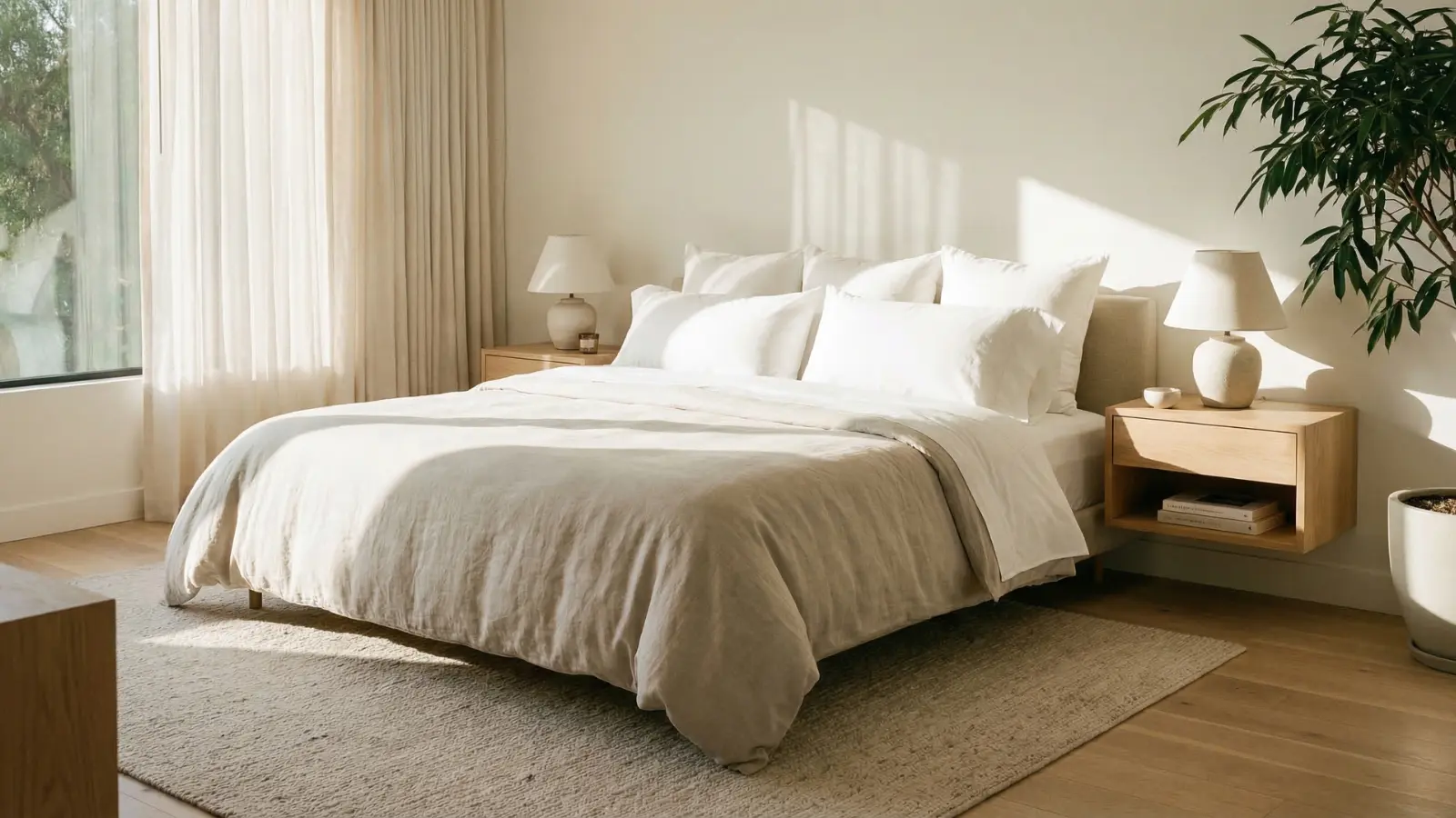 modern bedroom with a neatly made king bed in white bedding and natural lighting
