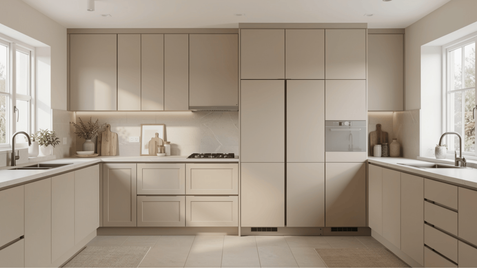 modern beige kitchen with frameless flat-front upper and lower cabinets, white countertops, and built-in appliances