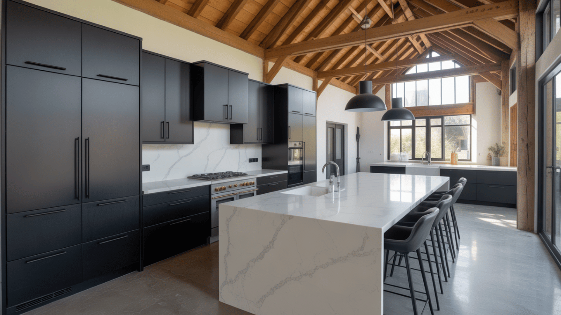 modern black and white kitchen with matte black cabinetry, white marble, and gold or chrome accents