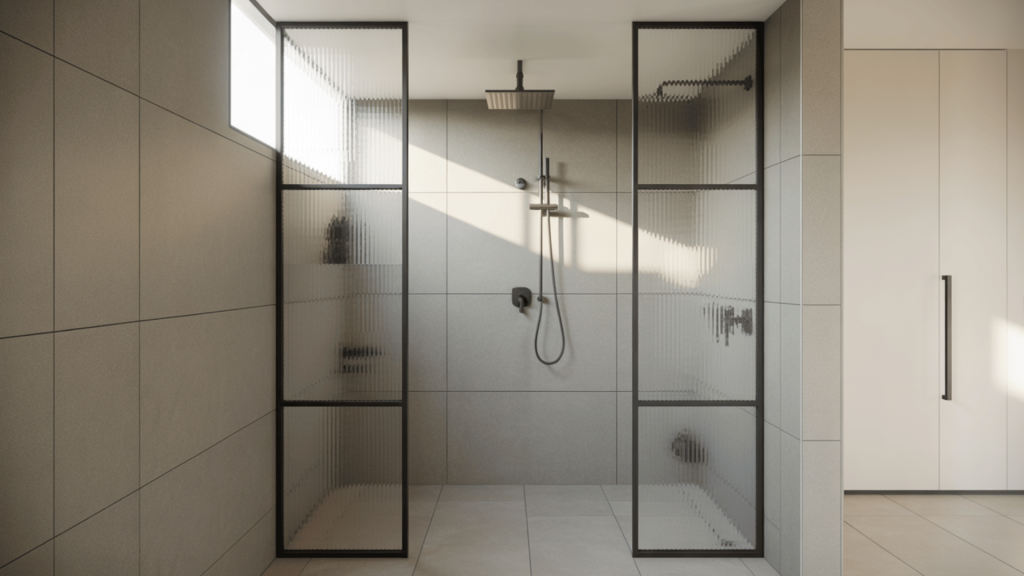 modern corner shower with frosted glass panels and black fixtures, featuring a spacious design
