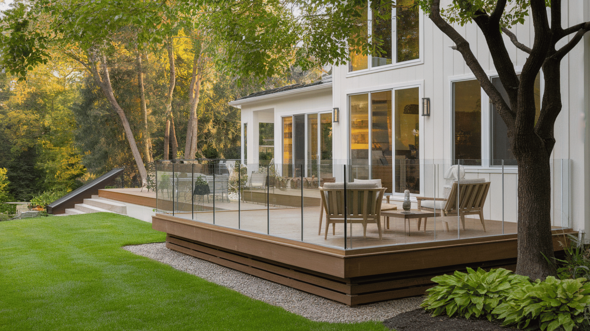modern deck with glass railings offering an open yard view