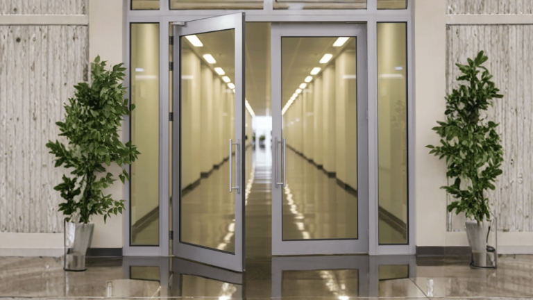 modern double glass door opening into a hallway, with sleek silver handles on each door, flanked by plants on either side