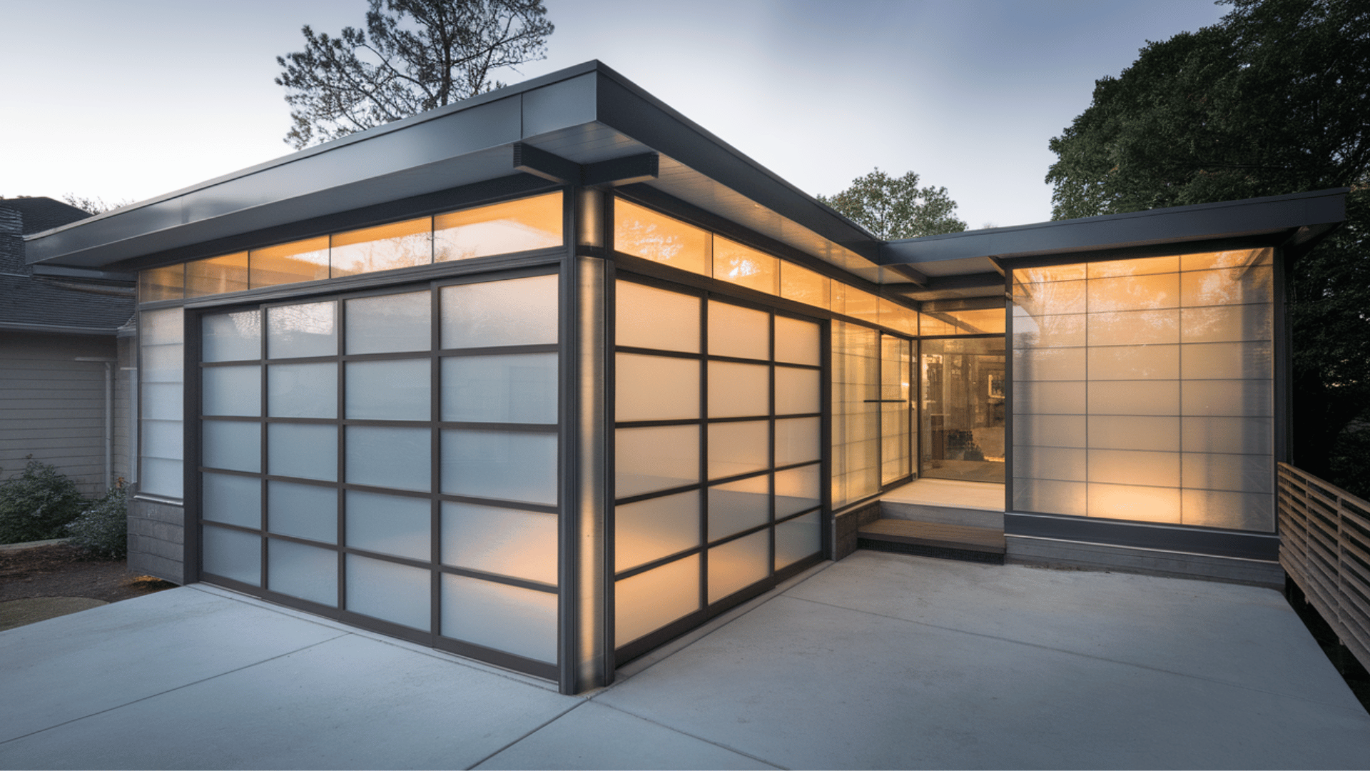 modern glass garage addition with frosted doors letting in natural light