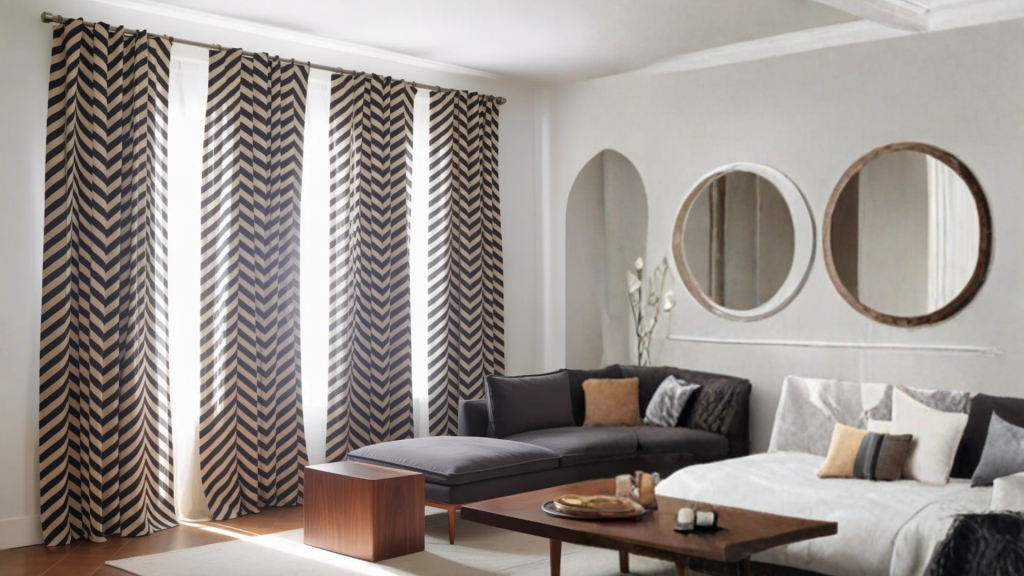 modern living room featuring bold, chevron-patterned curtains in neutral tones, allowing natural light to filter through.