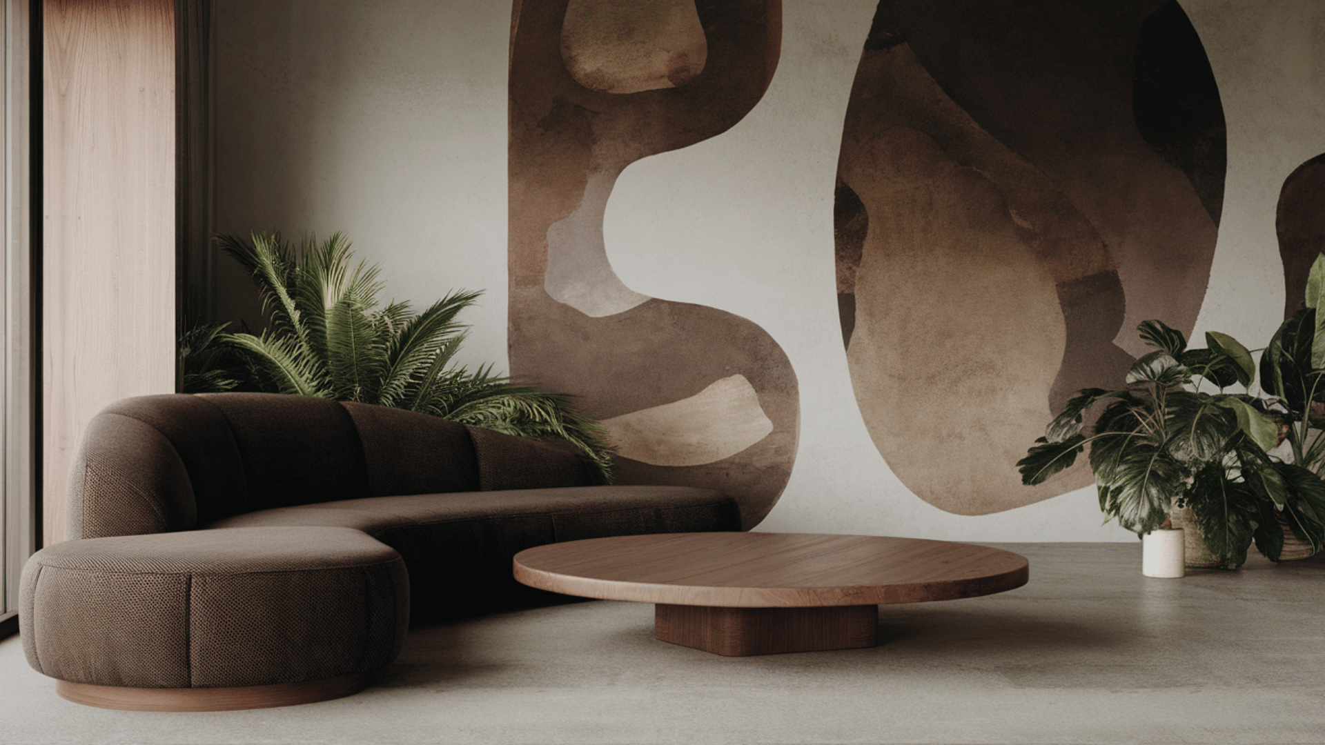 modern living room with curved sofa, round coffee table, and plants.