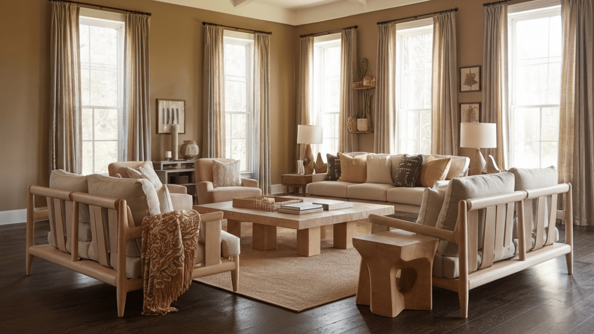 modern living room with light walls, wooden floors, and contemporary furniture.