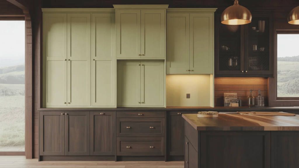 modern rustic kitchen featuring sage green upper cabinets and dark wood lower cabinets and island