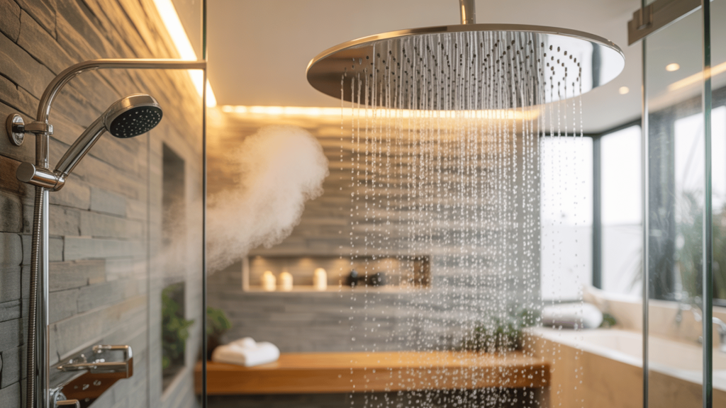 modern shower with a sleek rainfall showerhead and stone wall tiles, featuring a glass enclosure
