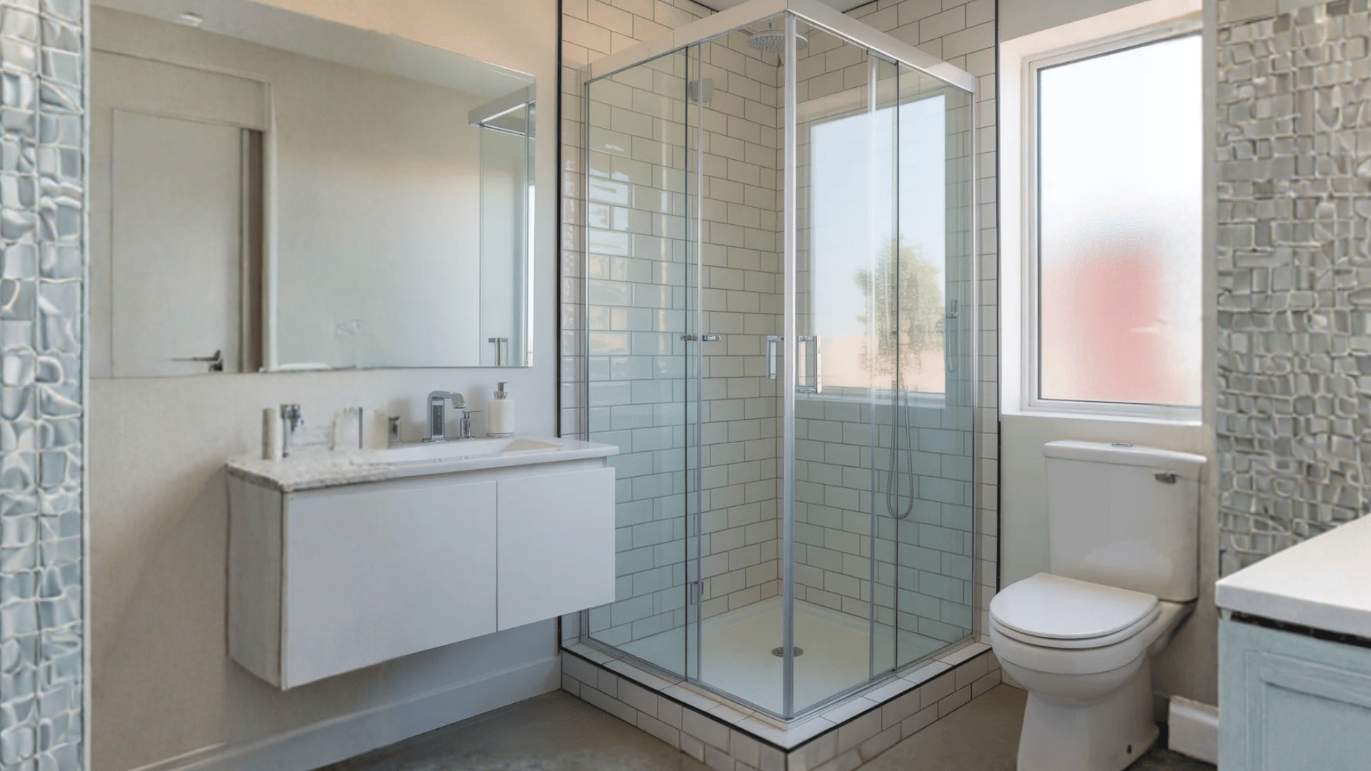 modern shower with glass panels, white subway tiles, and a simple showerhead. The bathroom also includes a white toilet and a sleek vanity with a mirror