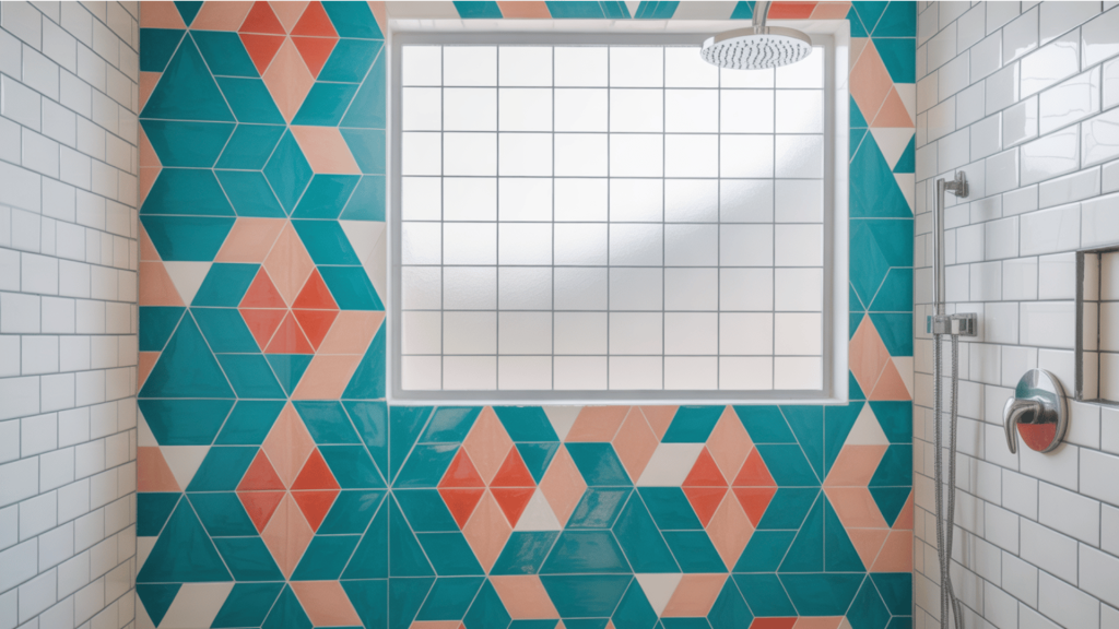modern shower with vibrant teal and coral geometric tiles on one wall