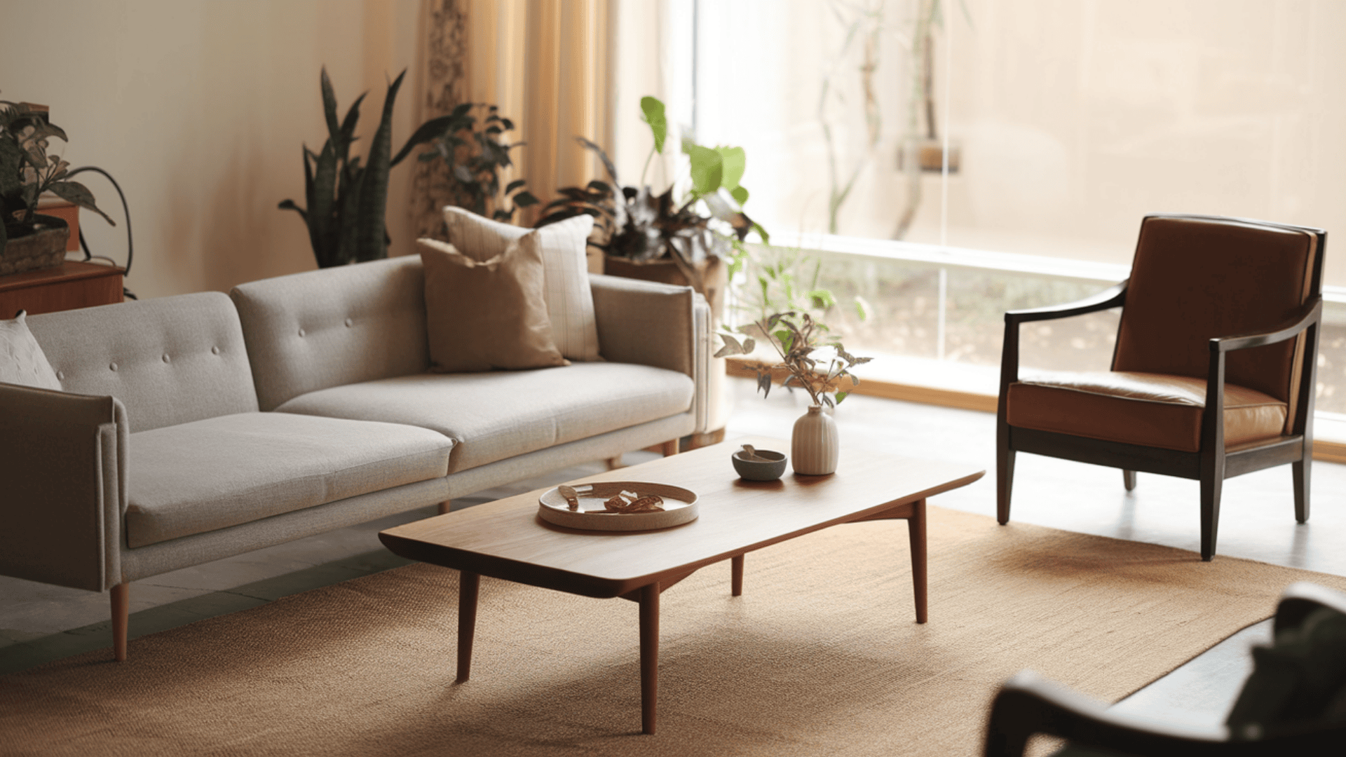 modern sofa paired with vintage wooden armchair and mid-century coffee table in a warm neutral living room