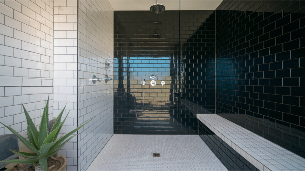 modern walk-in shower with glossy black and white subway tiles, glass wall, and built-in tiled bench.