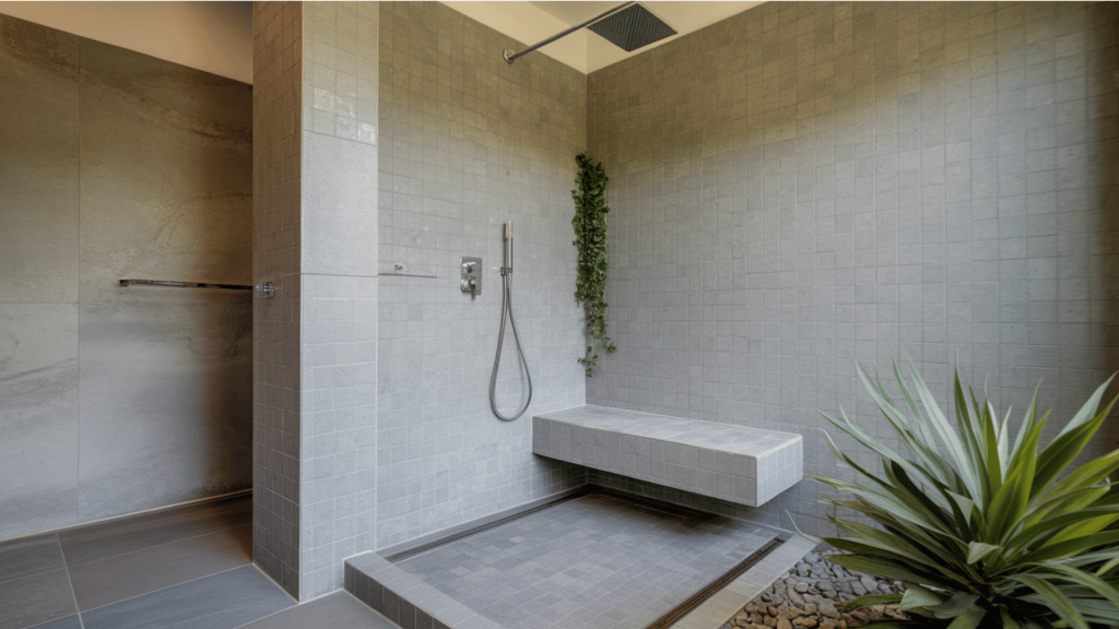 modern walk-in shower with gray cement tiles, a built-in bench, and a sleek showerhead