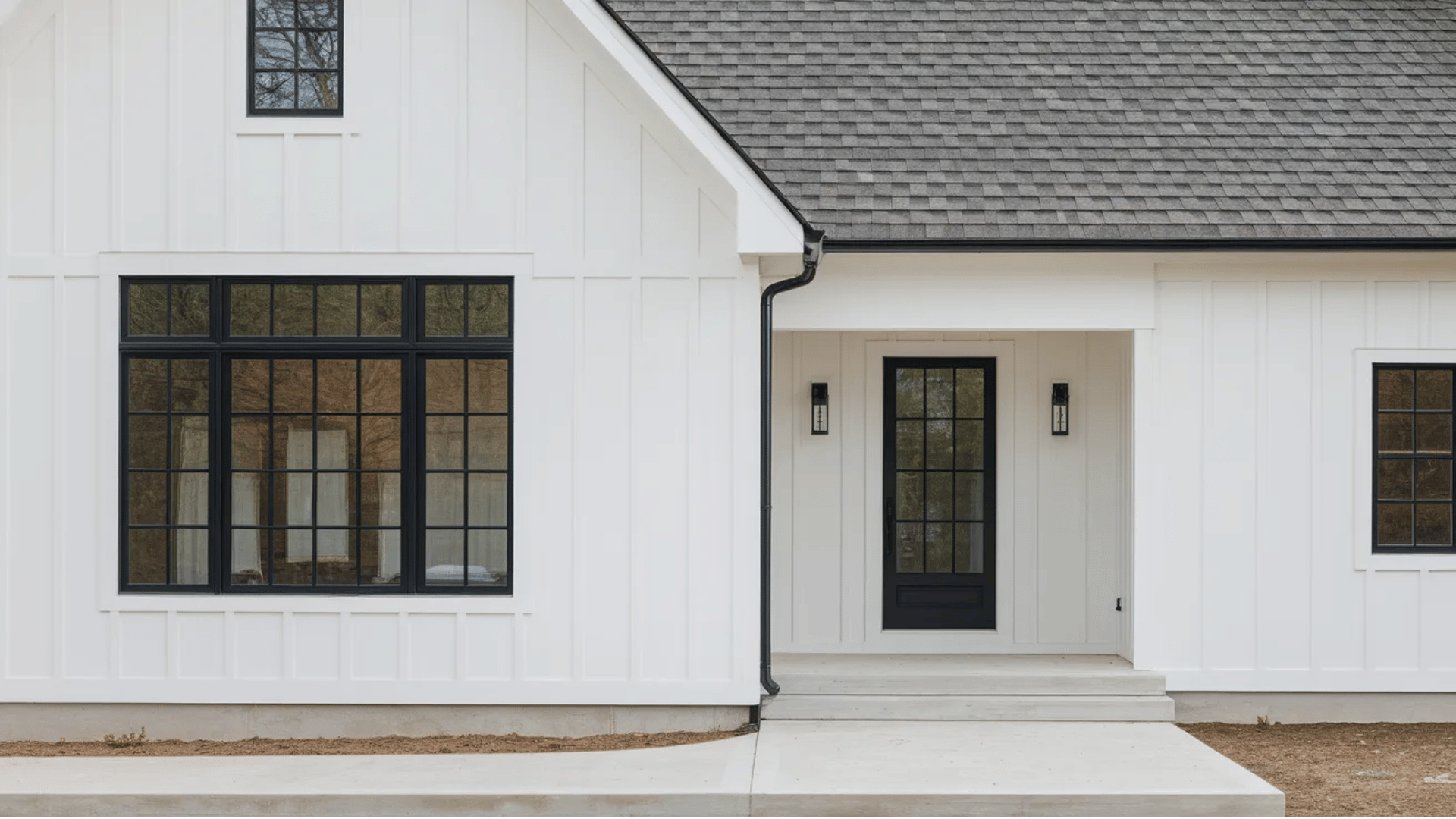 modern white house with black-framed windows, concrete walkway, and a gray shingle roof
