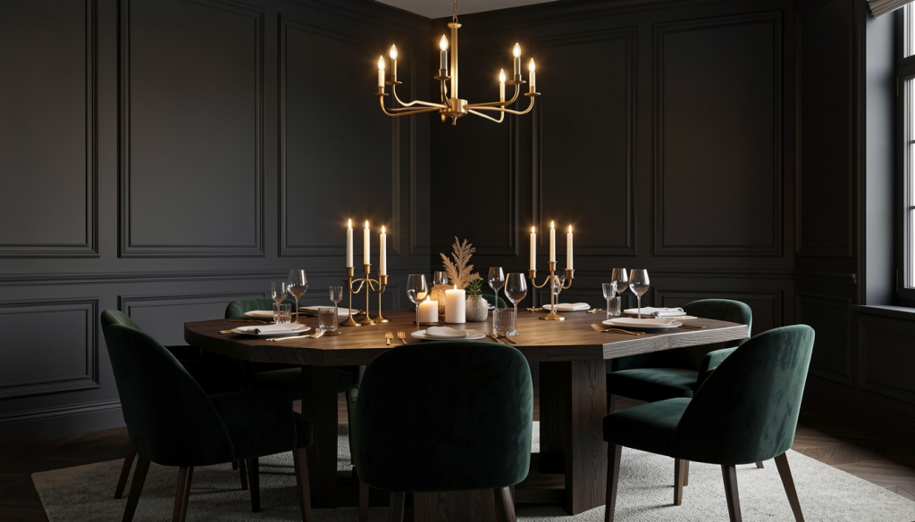 moody and dramatic transitional dining room with candelights and deep saturated wwalls