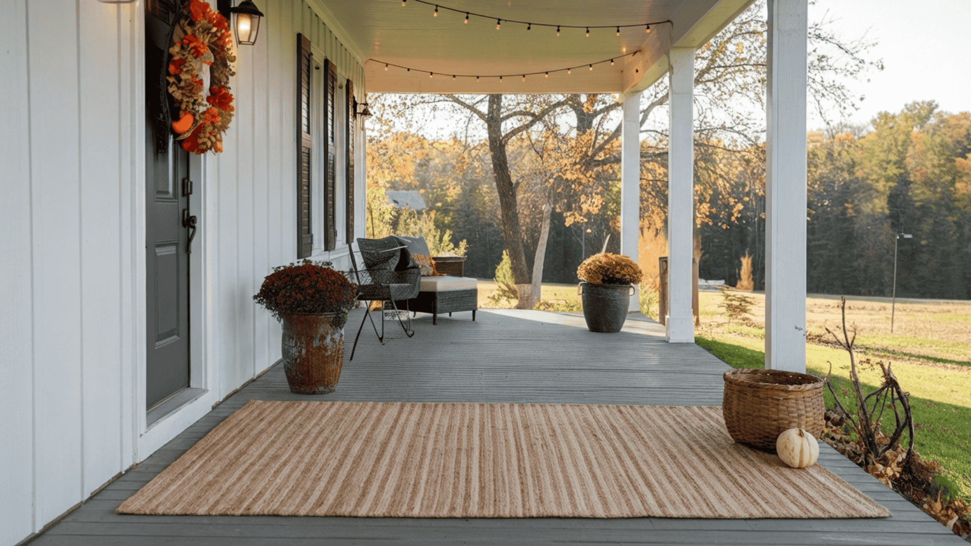 natural jute striped outdoor rug anchoring a styled farmhouse fall porch near the front door