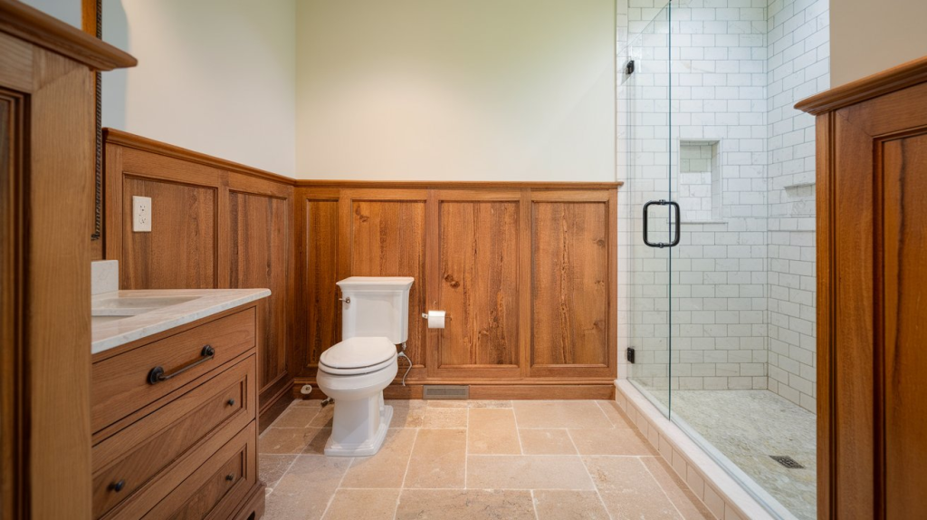natural oak wood wainscoting in bathroom