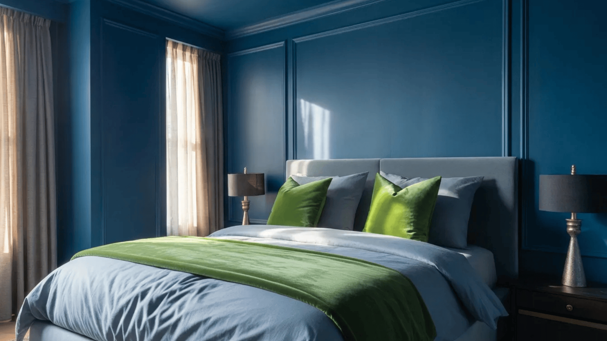 navy blue bedroom with sunlight entering through the windows