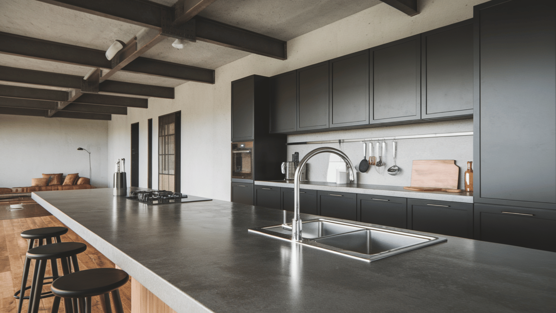 ndustrial kitchen with exposed steel beams, concrete countertops, and handle-less cabinetry.