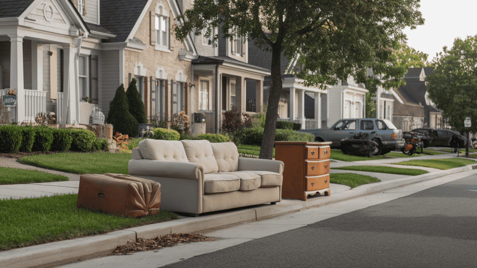 old couch and dresser placed neatly at curb for scheduled city bulk trash pickup
