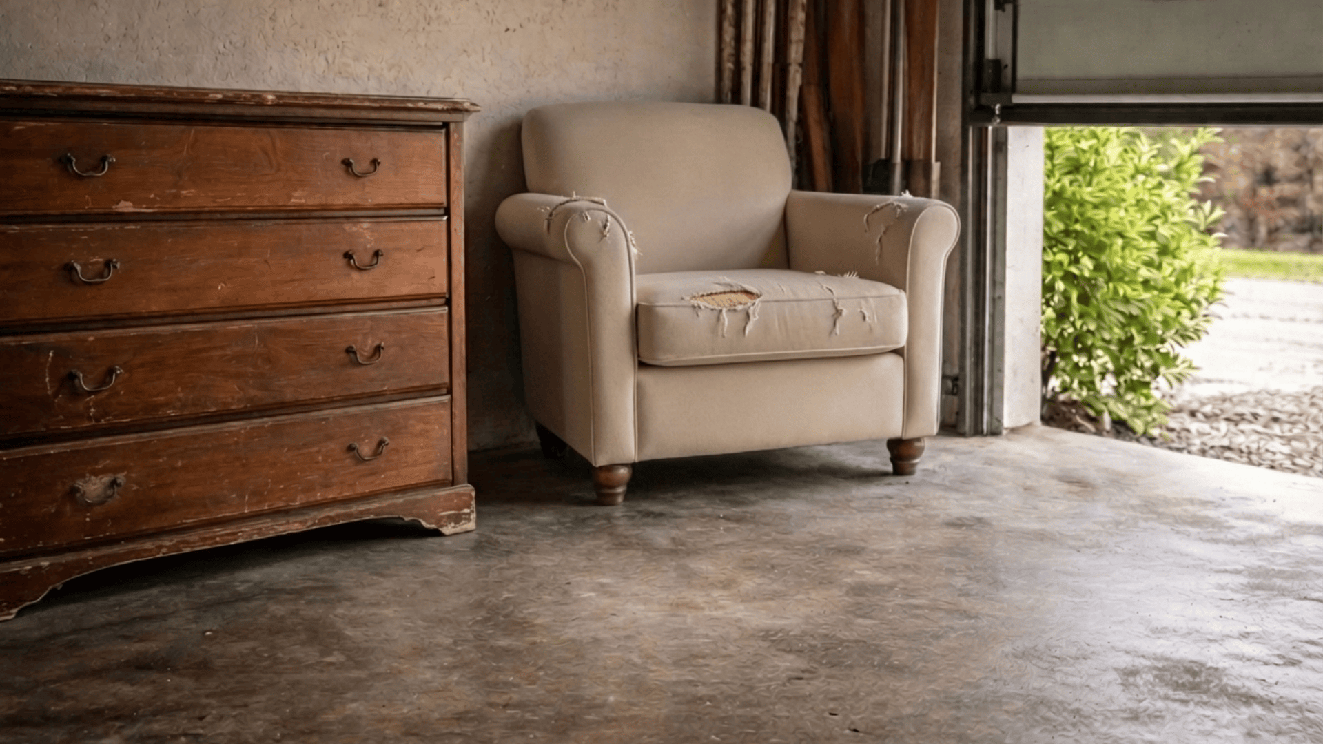 old wooden dresser with visible scuff marks and a torn fabric armchair placed inside a residential garage with an open door